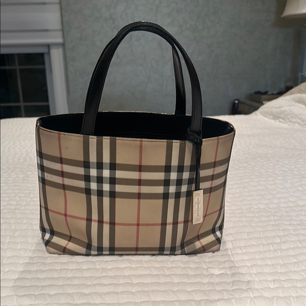Burberry Black and Tan Tote Bag with Iconic Check Pattern